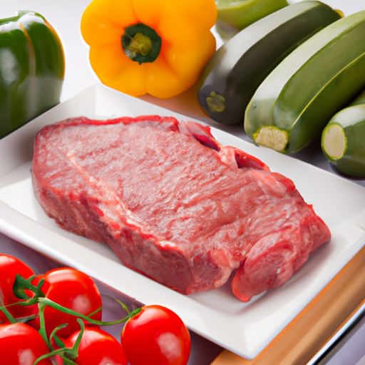 Fresh ingredients including sirloin steak, bell peppers, zucchini, and cherry tomatoes