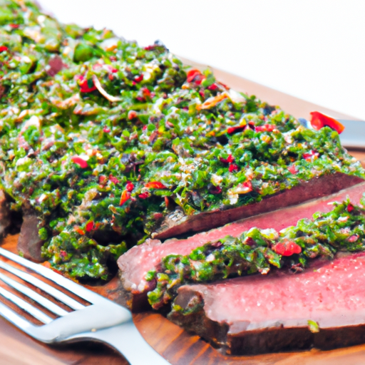 Sliced chimichurri skirt steak topped with fresh herbs and red pepper flakes